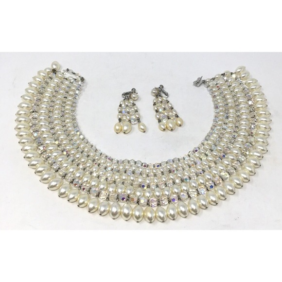 Vendome Faux Pearl Bib & AB Crystal Beads Vintage Runway Statement Necklace Set - Picture 2 of 6